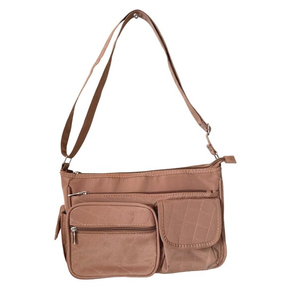 Light Brown Quilted Pocket Shoulder Bag With Adjustable Strap & Zip Closures - Picture 2 of 10